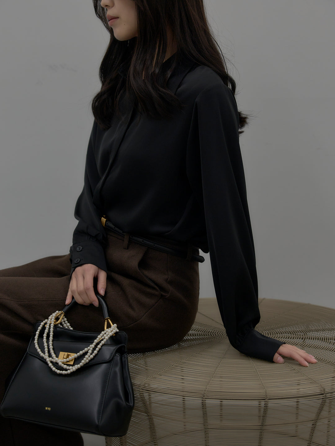 【SET】比翼仕立てサテンシャツ+裏起毛デザインワイドパンツ(2set)