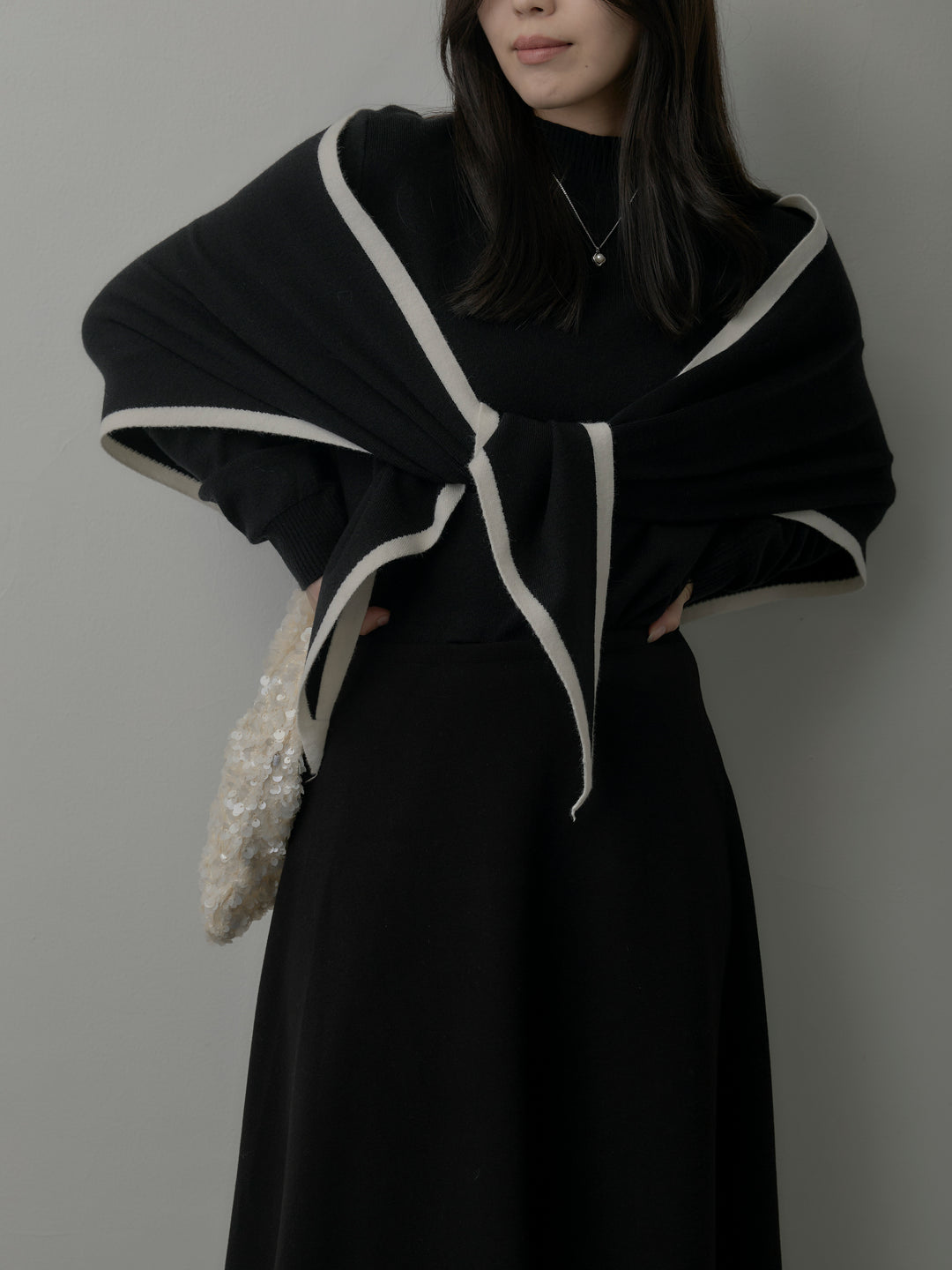 【SET】配色スカーフ付きニットトップス+リラクシーフレアロングスカート(2set)