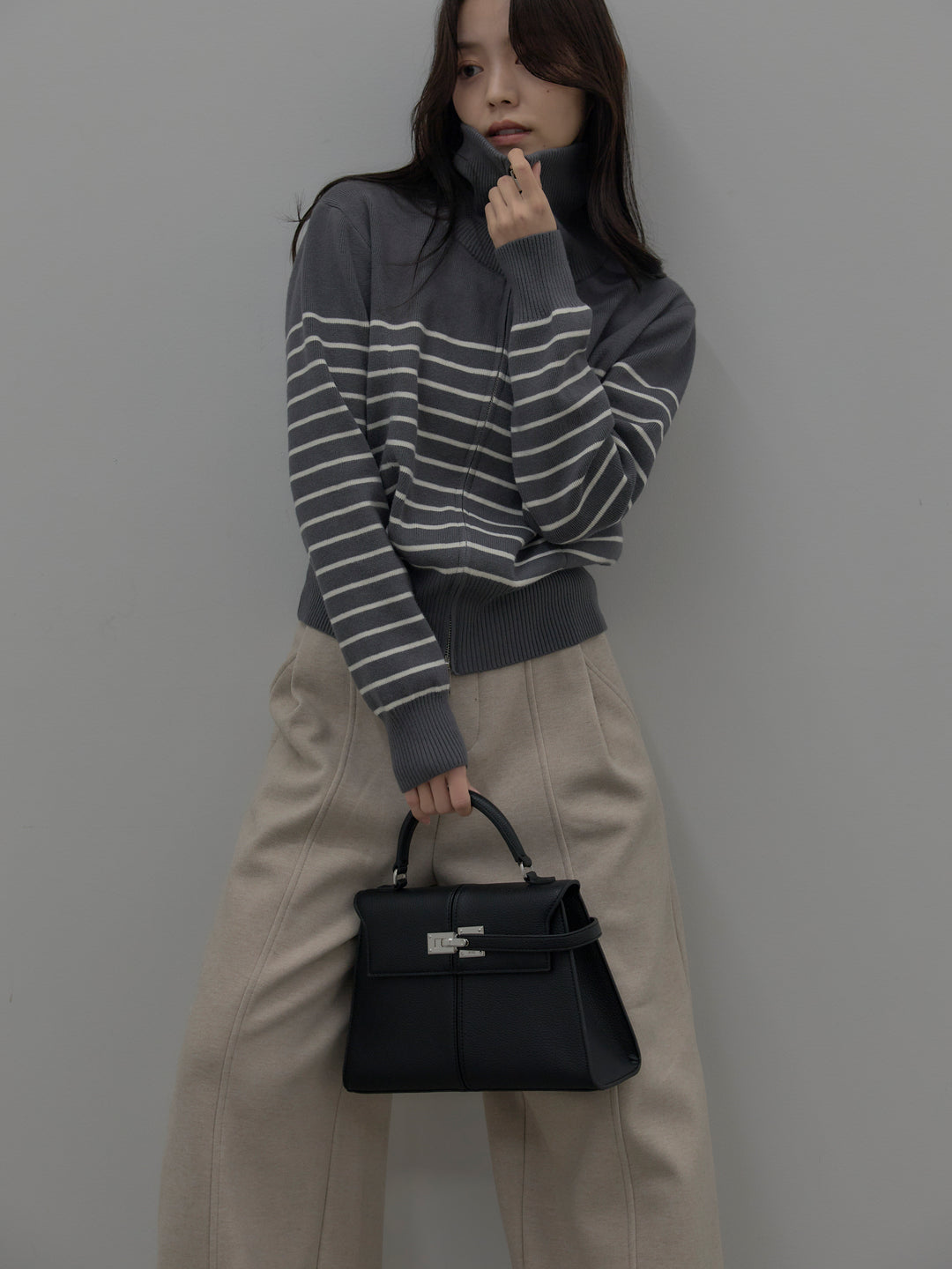 ダブルZIPハイネックボーダーニットトップス