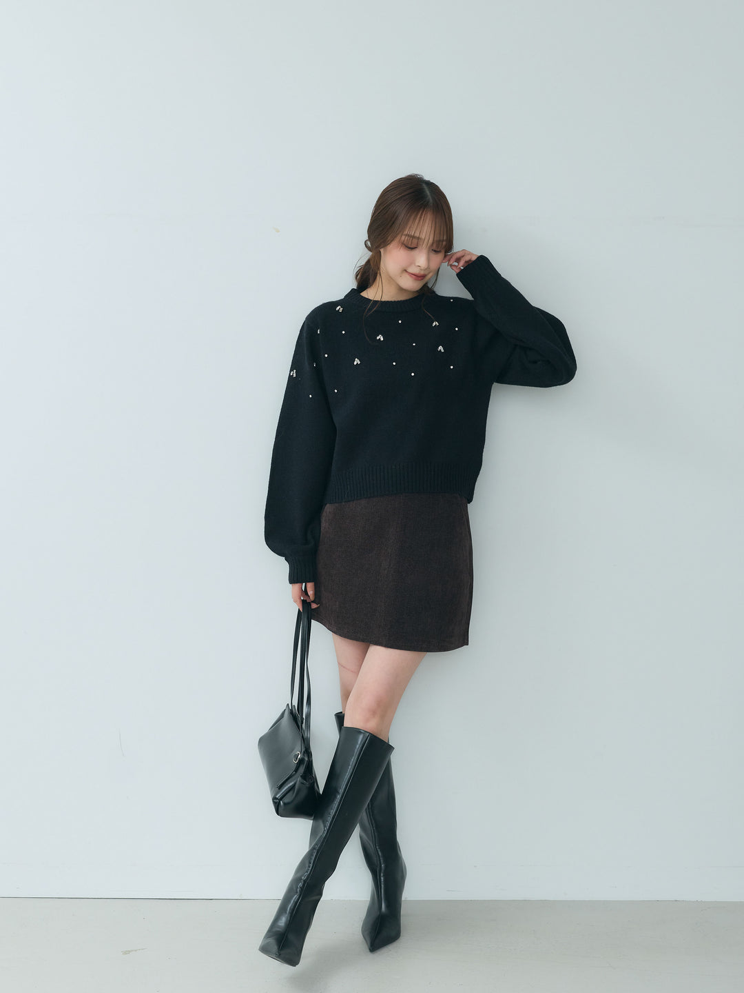 【SET】ビジューニットトップス+ベロアミニスカート(2set)