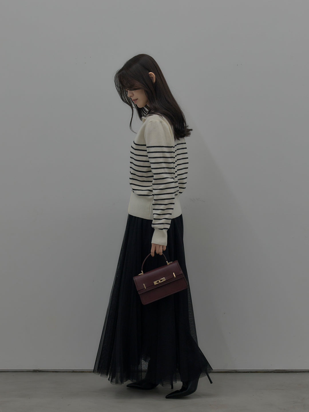 【SET】ダブルZIPハイネックボーダーニットトップス+ボリュームチュールスカート(2set)