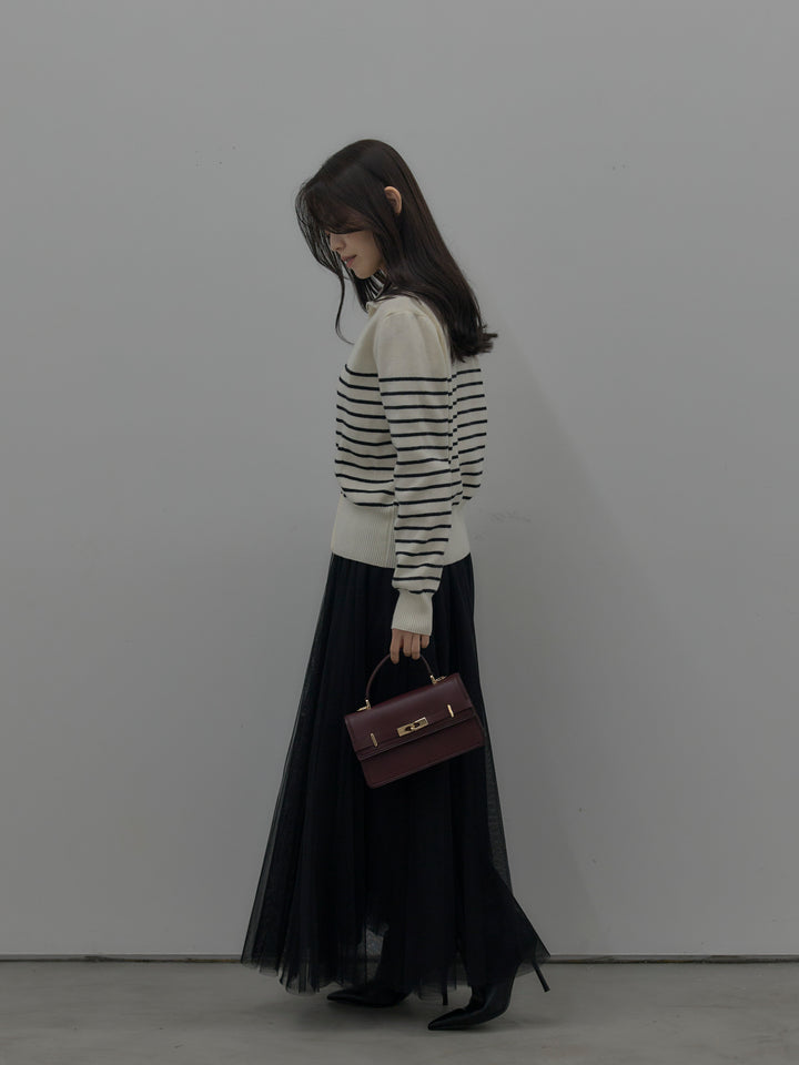 【SET】ダブルZIPハイネックボーダーニットトップス+ボリュームチュールスカート(2set)