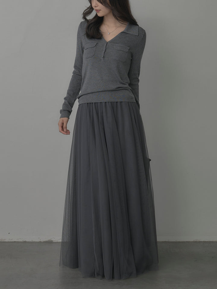 【SET】ポケットデザインリブニットトップス+ボリュームチュールスカート(2set)