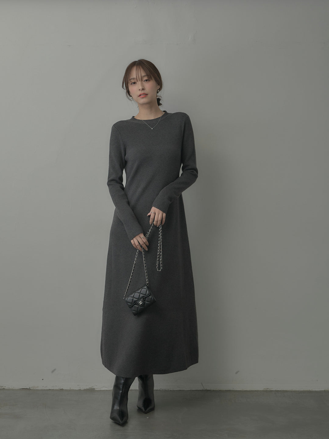 バックリボンニットロングワンピース