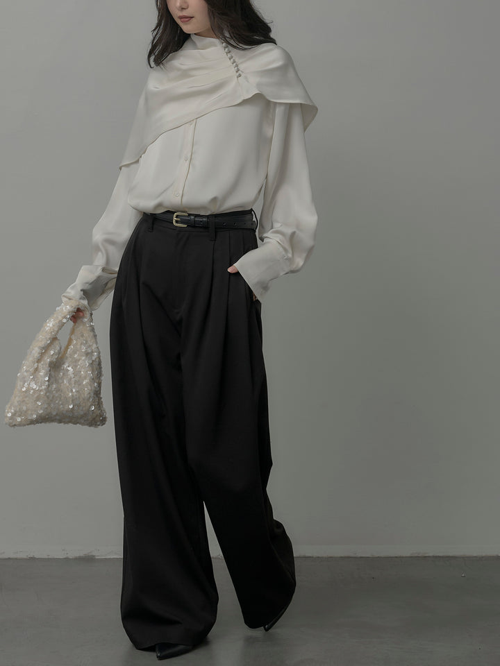 【SET】ケープ付きオーバーサテンシャツ+【Essential】３タックスラックス(2set)