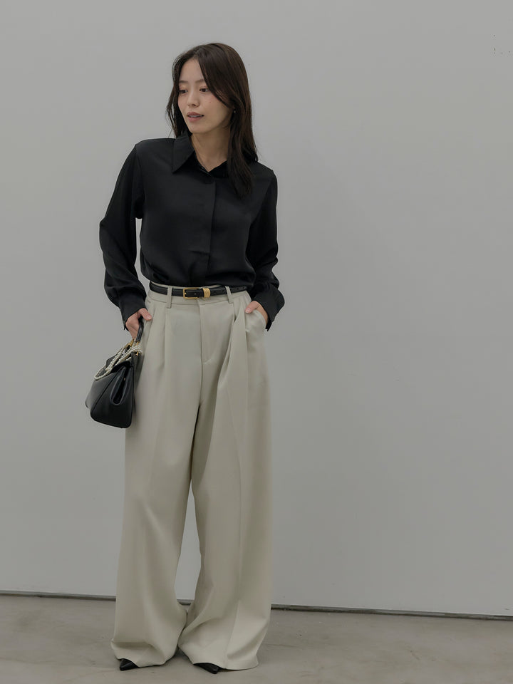 【SET】比翼仕立てサテンシャツ+デザインタックワイドパンツ(2set)