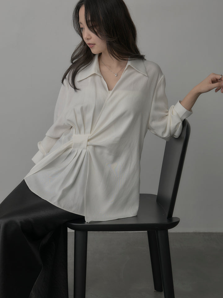 【SET】フロントラップデザインシャツ+ナローAラインサテンスカート(2set)