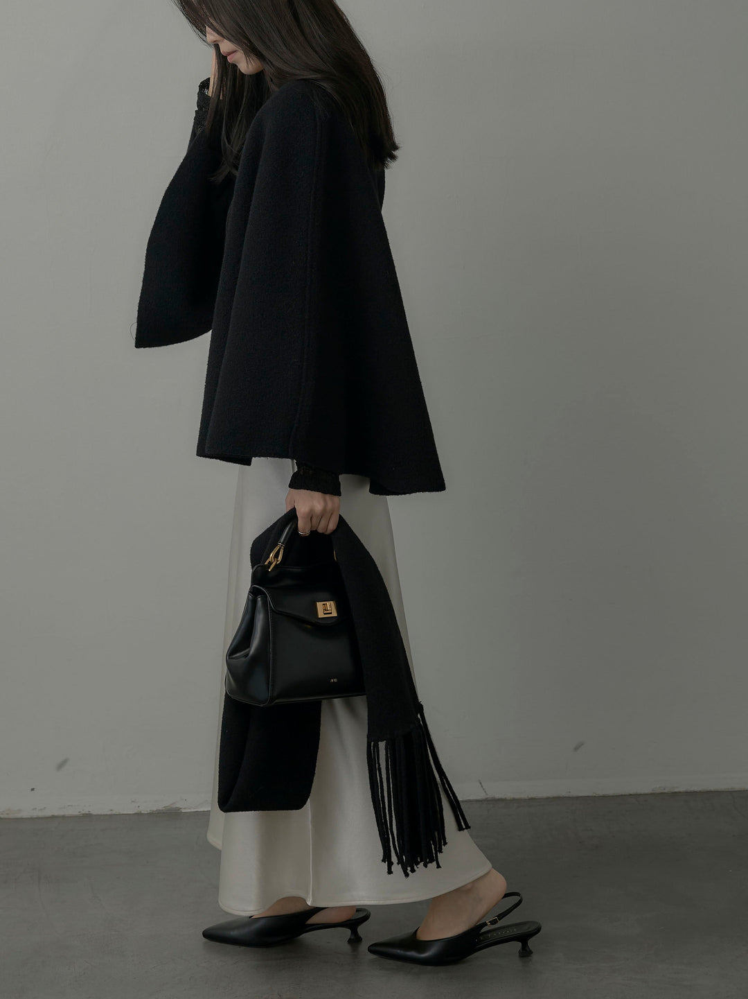 【SET】マフラー付き2WAYケープコート+【インナー付き】シアーレーストップス+ヘビーサテンAラインスカート(3set)