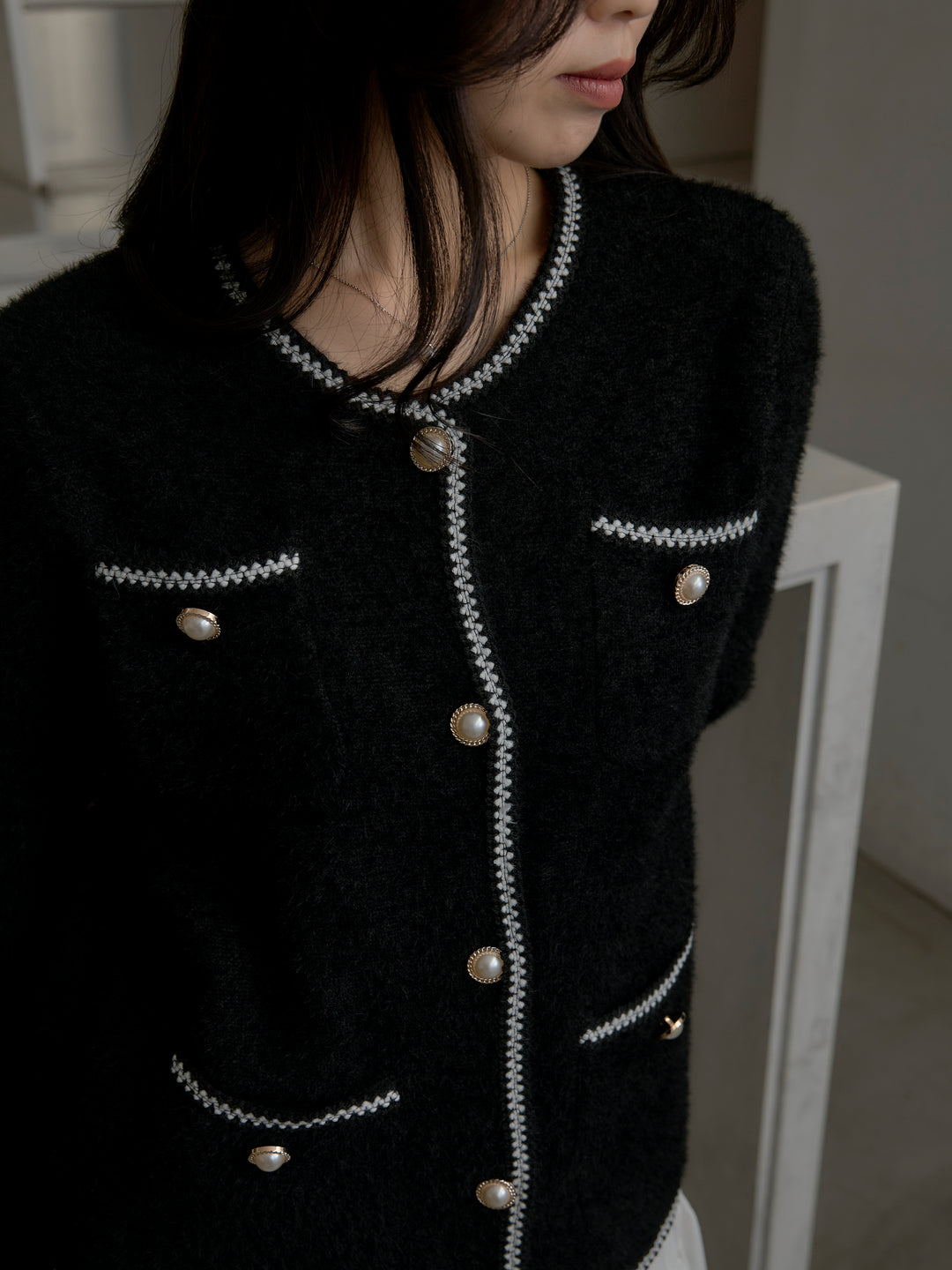 モヘアタッチパールボタンニットカーディガン