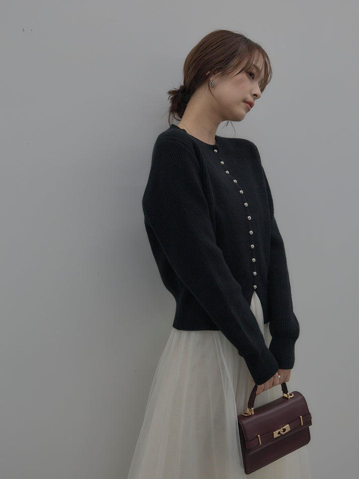 【SET】メタルボタンリブニットカーディガン+ボリュームチュールスカート(2set)