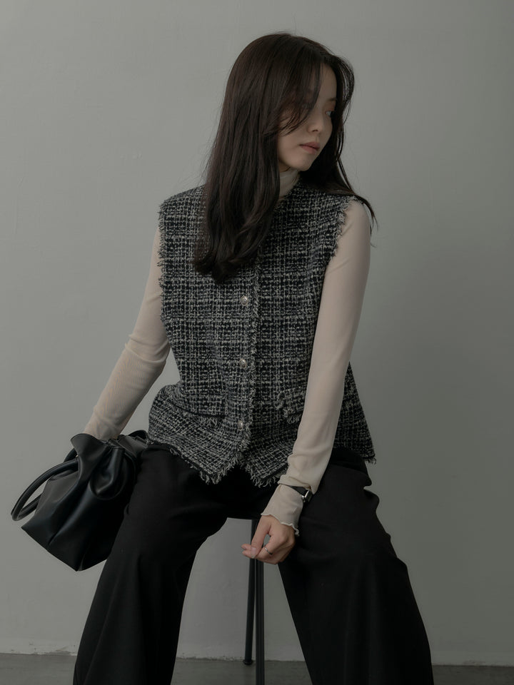 【SET】ツイードフリンジベスト+メロウフリルシアートップス+【ロープベルト付属】ウールタッチワイドパンツ(3set)