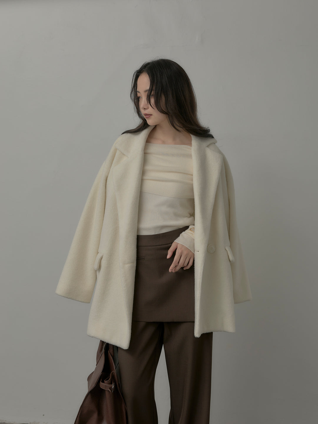 【SET】【Essential】オーバーサイズジャケットコート+オフショルリブニットトップス+ラップワイドパンツ(3set)