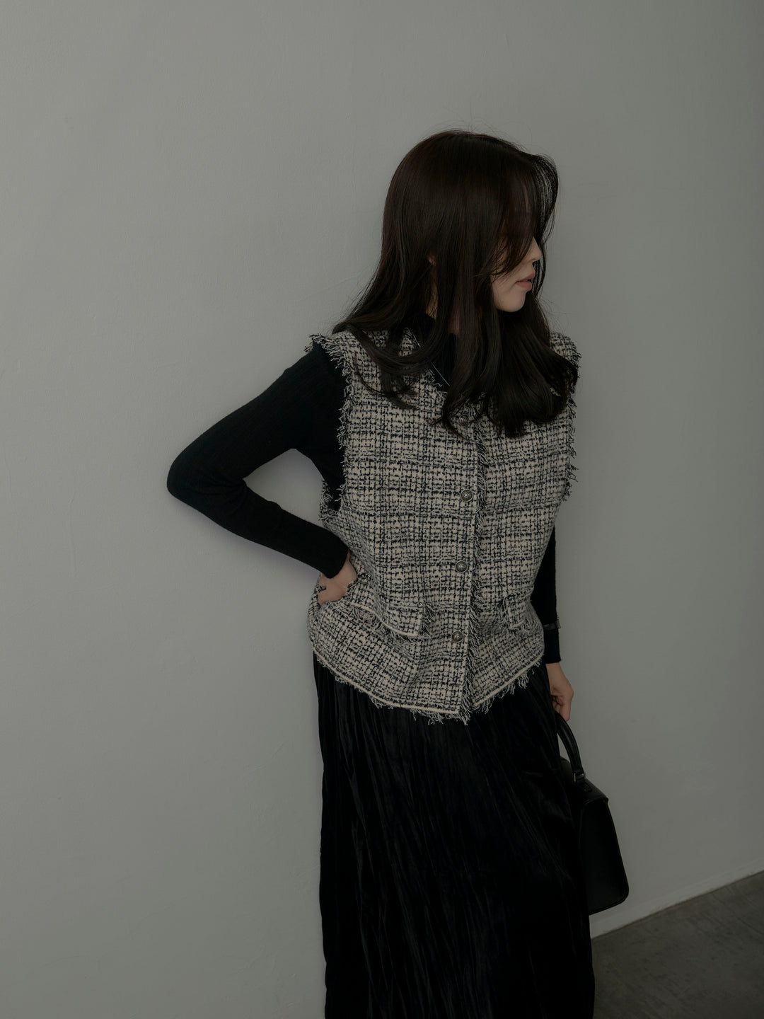 【SET】ツイードフリンジベスト+リブニットタートルネック+ベロアワッシャープリーツスカート(3set)