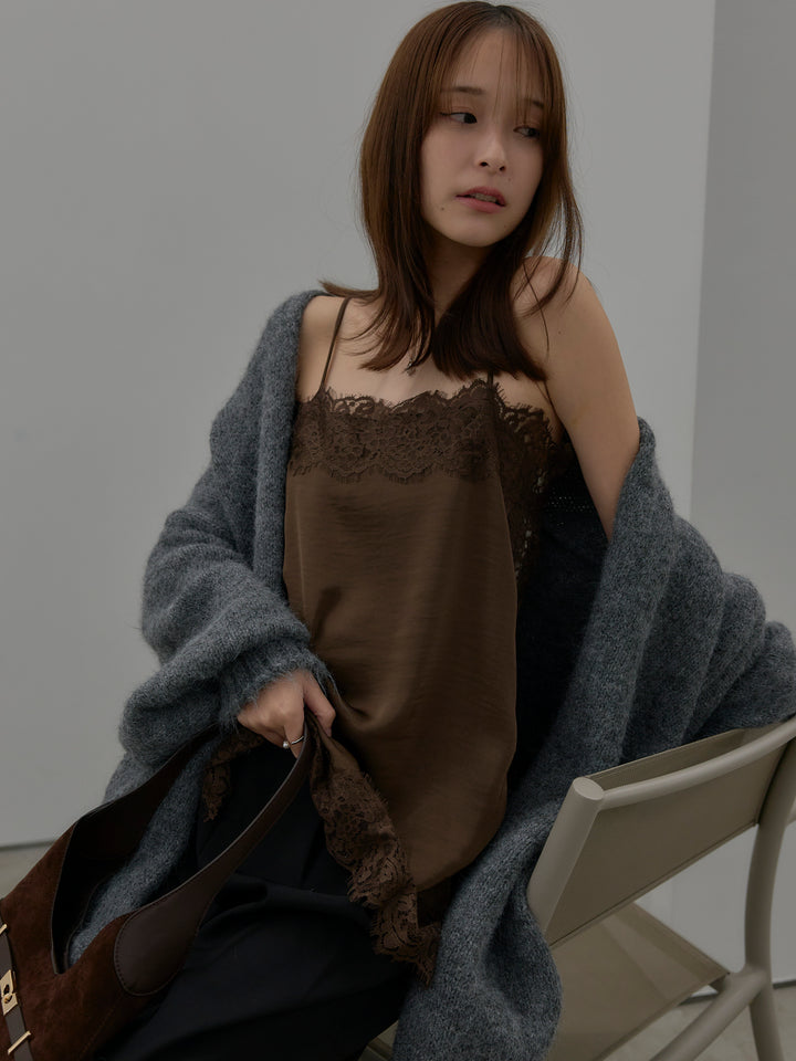 【SET】モヘアライクオーバーニットカーディガン+レースサテンキャミソール(2set)