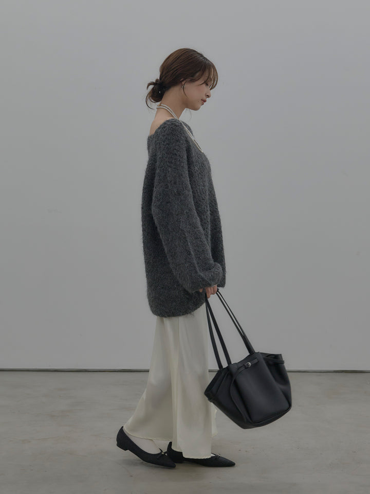 【SET】ラメ糸ローゲージ編みオーバーニットトップス+ナローAラインサテンスカート(2set)