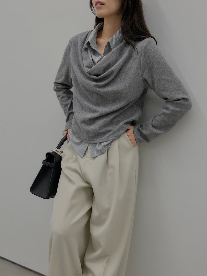 【SET】シャツレイヤードドレープニットトップス+デザインタックワイドパンツ(2set)