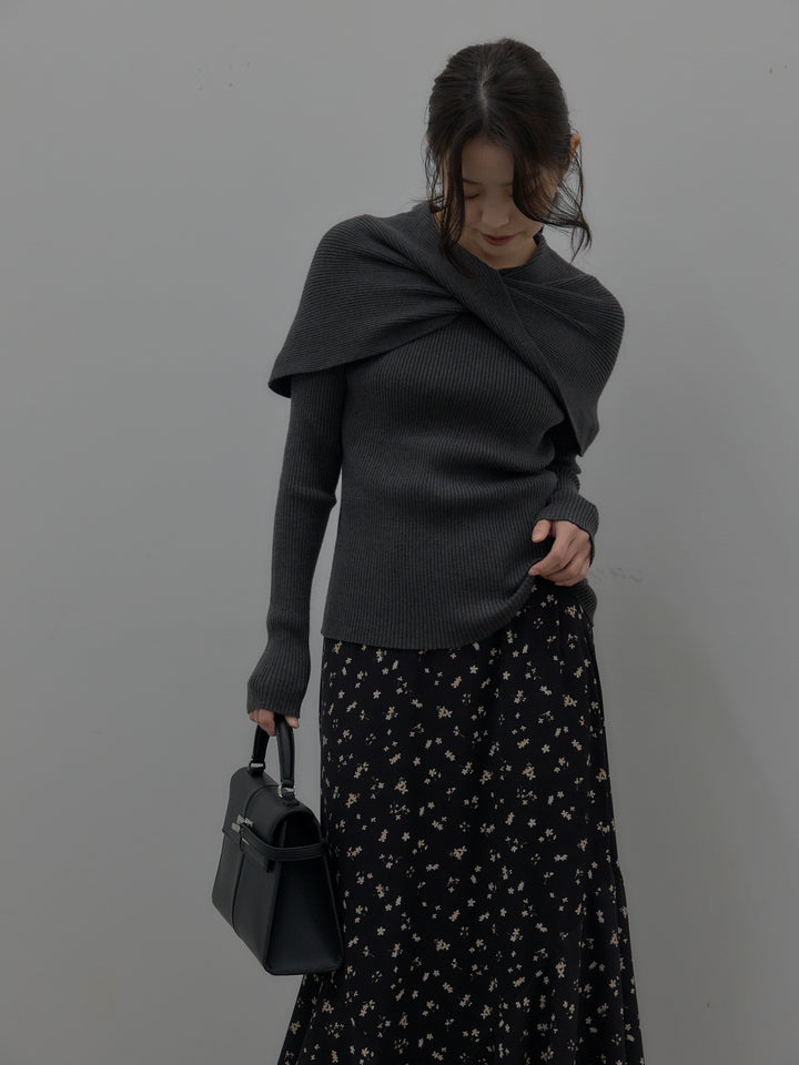 【SET】ケープライクデザインリブニットトップス+フラワーパターンマーメイドフレアスカート(2set)