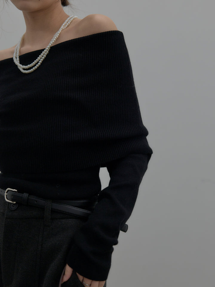 【SET】【premium touch】ソフトリブオフショルニットトップス+カーブデザインスウェットライクパンツ(2set)