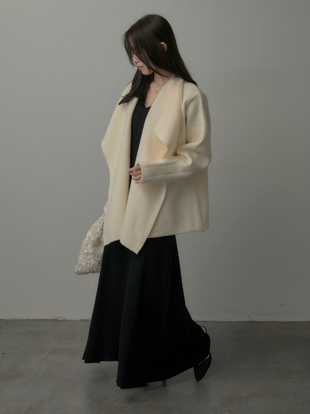 【SET】ショールカラーニットカーディガン+Vネックニットロングワンピース(2set)