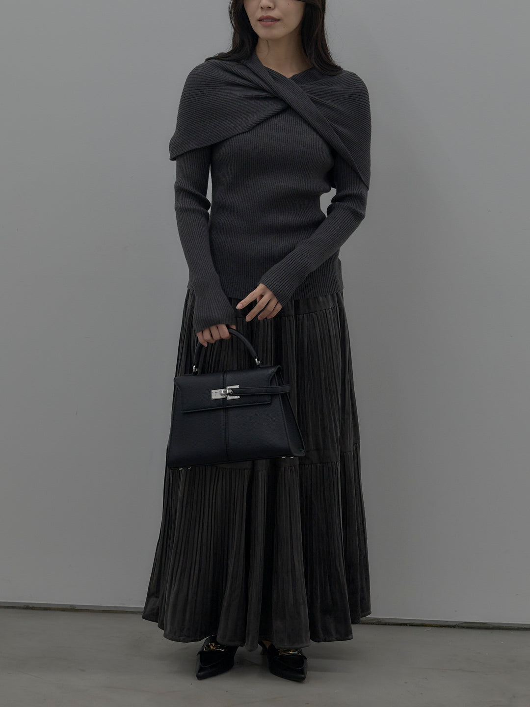 【SET】ケープライクデザインリブニットトップス+ベロアプリーツティアードスカート(2set)