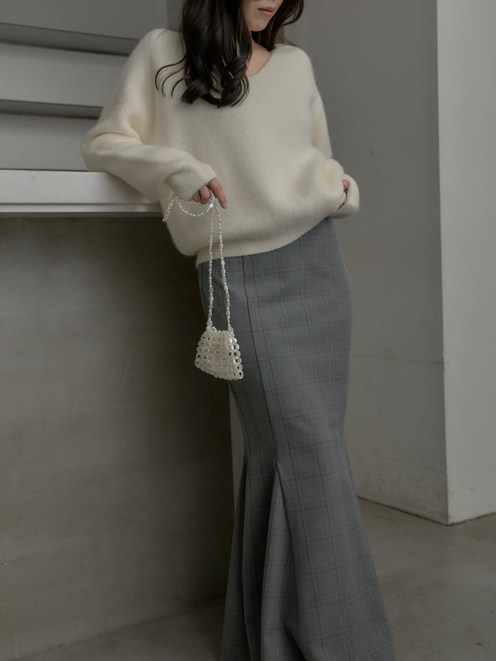 【SET】モヘアタッチVネックニットプルオーバー+【Essential】チェック柄マーメイドスカート(2set)