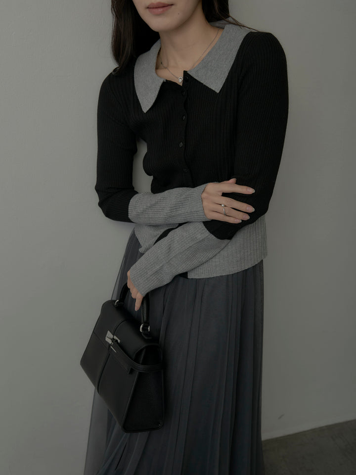 【SET】バイカラーリブニットポロトップス+ボリュームチュールスカート(2set)