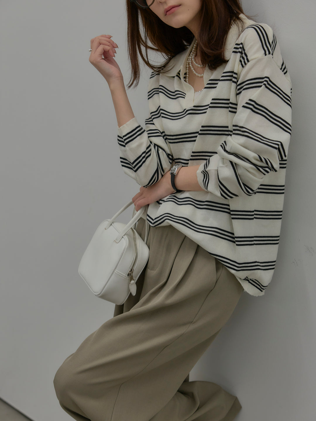 ボーダーポロ襟ニットプルオーバー