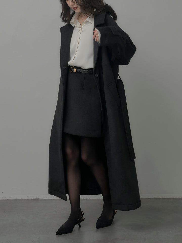 【SET】【Essential】ソフトウールリバートレンチコート+ケープ付きオーバーサテンシャツ+【Essential】ウールタッチミニスカート(3set)