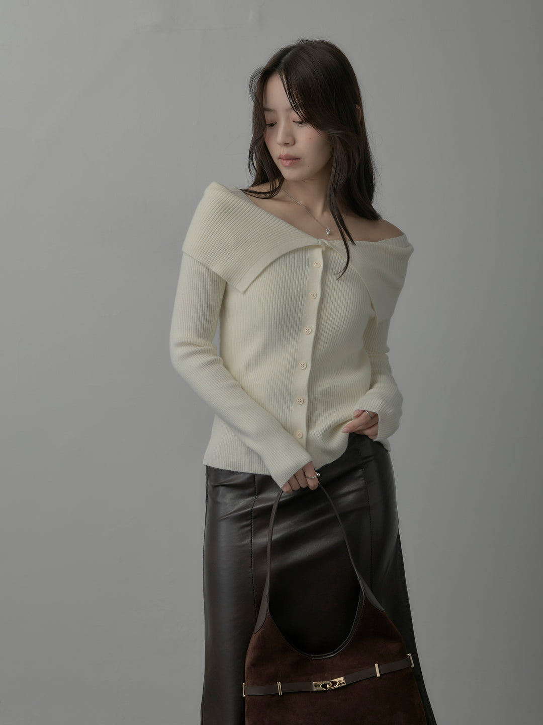 【SET】オフショルライクリブニットトップス+レザーマーメイドスカート(2set)