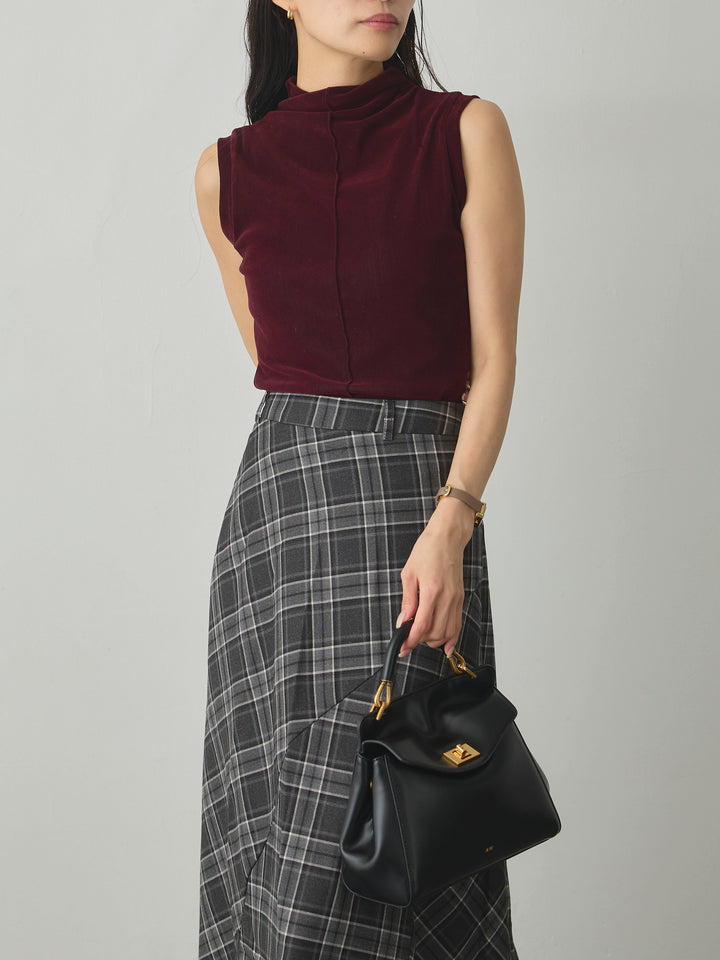 【SET】メッシュベロアノースリーブトップス+クラシカルチェックパネルスカート(2set)