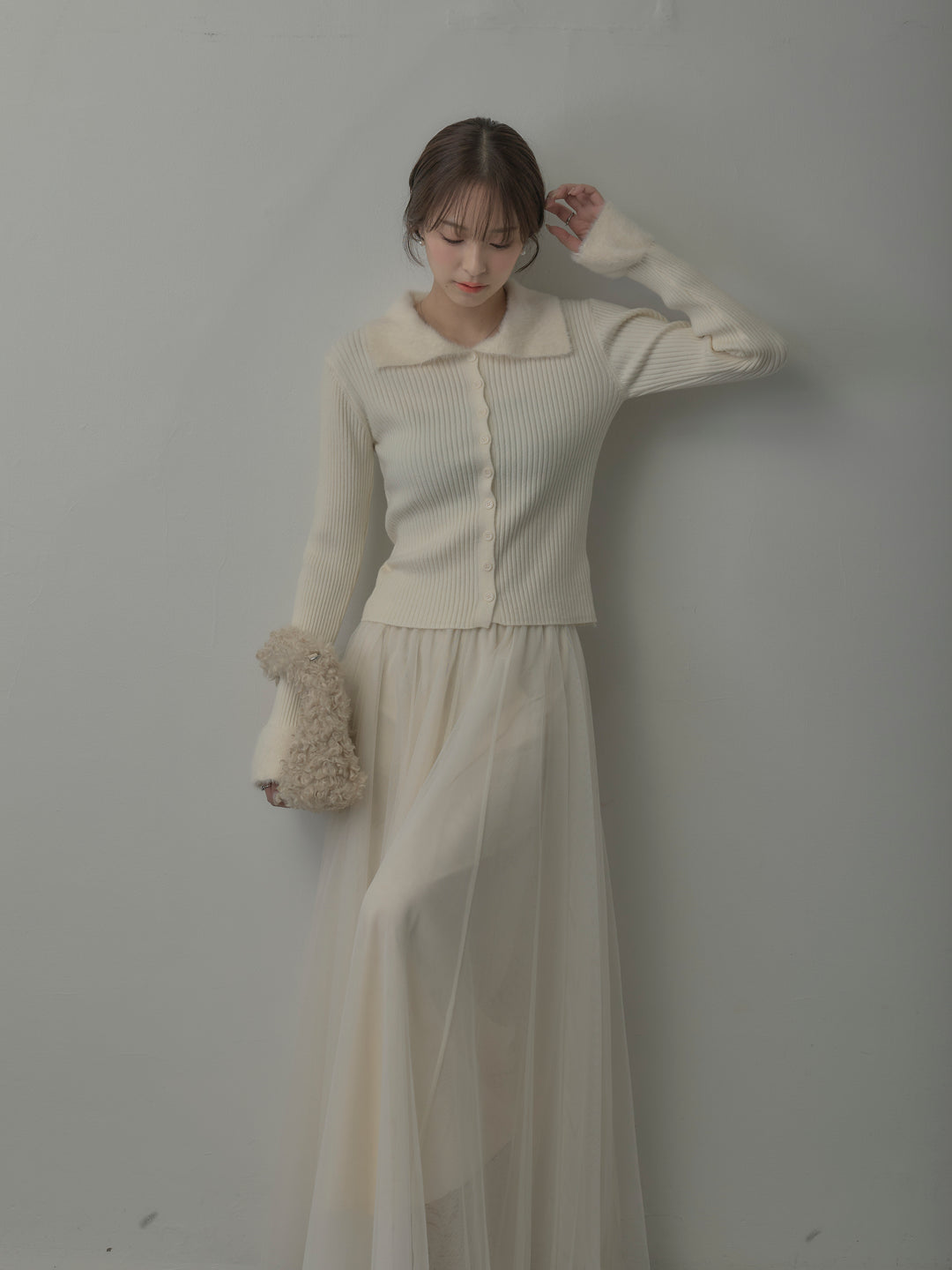 シャギー襟リブニットポロトップス