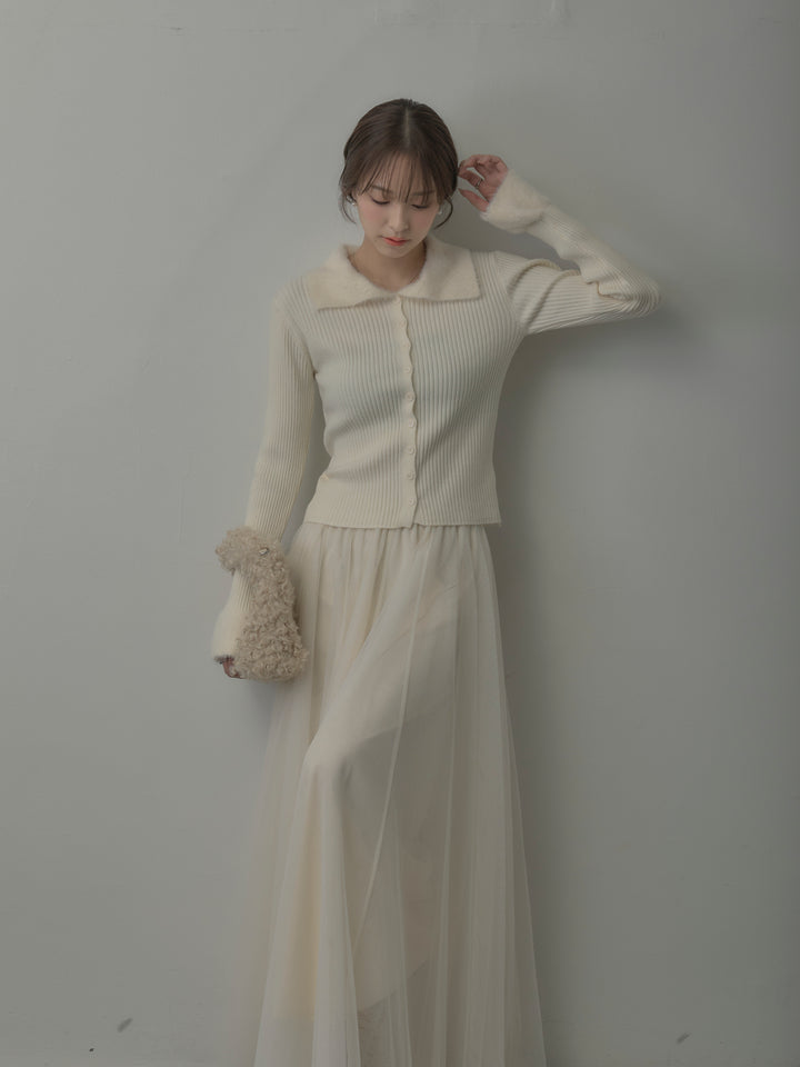 シャギー襟リブニットポロトップス