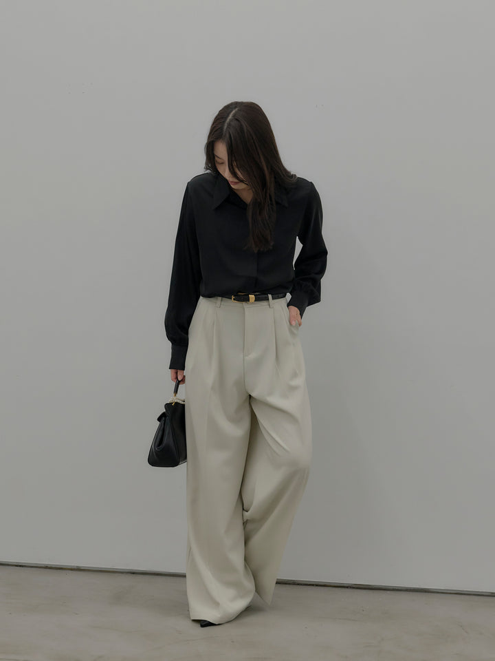 【SET】比翼仕立てサテンシャツ+デザインタックワイドパンツ(2set)