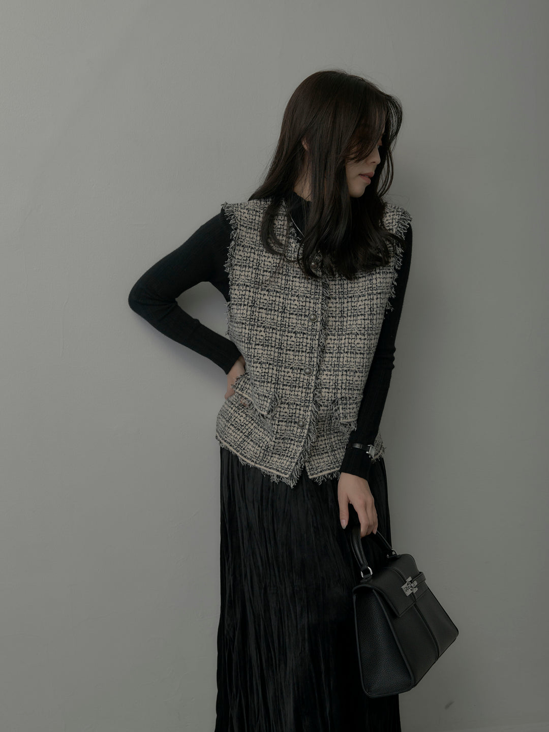 【SET】ツイードフリンジベスト+リブニットタートルネック+ベロアワッシャープリーツスカート(3set)