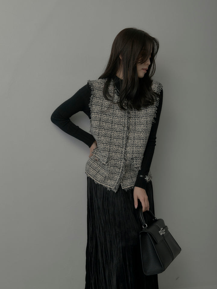 【SET】ツイードフリンジベスト+リブニットタートルネック+ベロアワッシャープリーツスカート(3set)