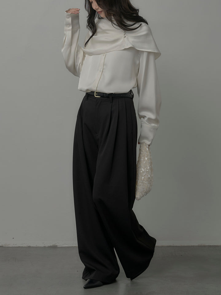 【SET】ケープ付きオーバーサテンシャツ+【Essential】３タックスラックス(2set)