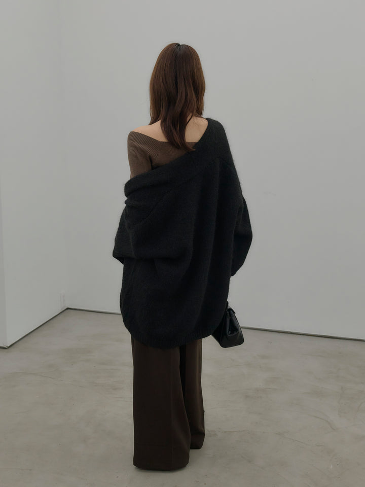 【SET】モヘアライクオーバーニットカーディガン+スクエアネックリブニット+ウエストリボンワイドパンツ(3set)