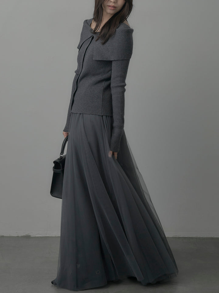 【SET】オフショルライクリブニットトップス+ボリュームチュールスカート(2set)