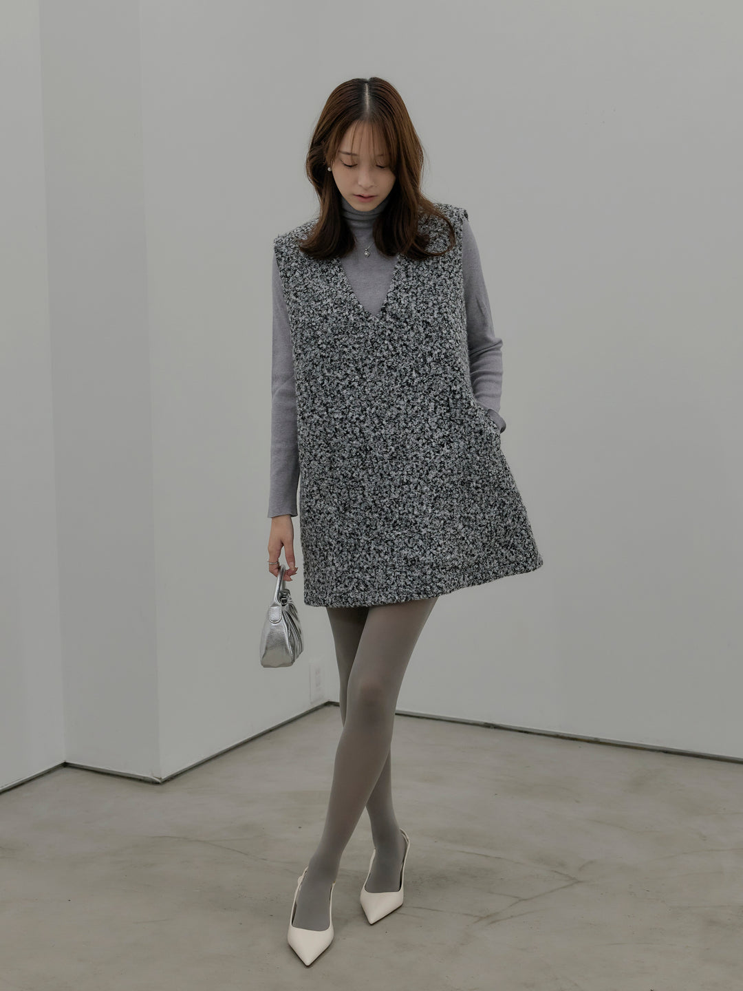 【SET】ブークレVネックミニワンピース+ベーシックリブタートルネック(2set)