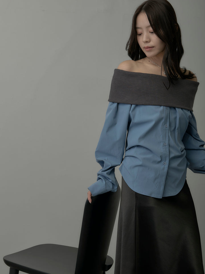 ニットシャツドッキングオフショルトップス