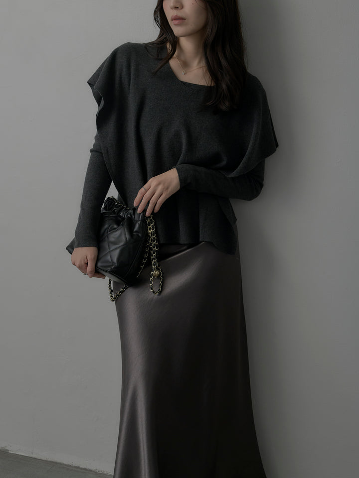 【SET】2wayリブニットポンチョトップス+ヘビーサテンAラインスカート(2set)