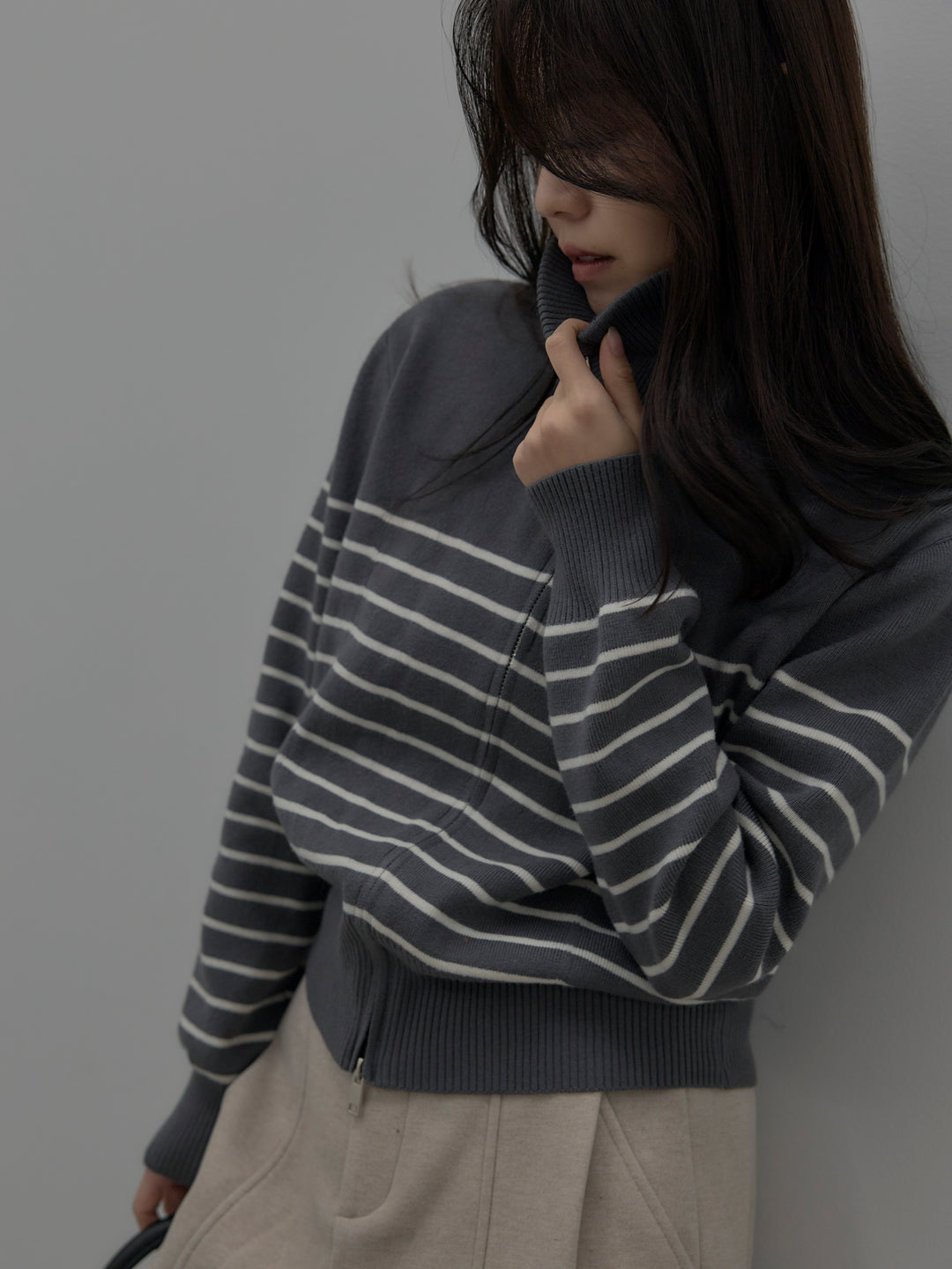 ダブルZIPハイネックボーダーニットトップス