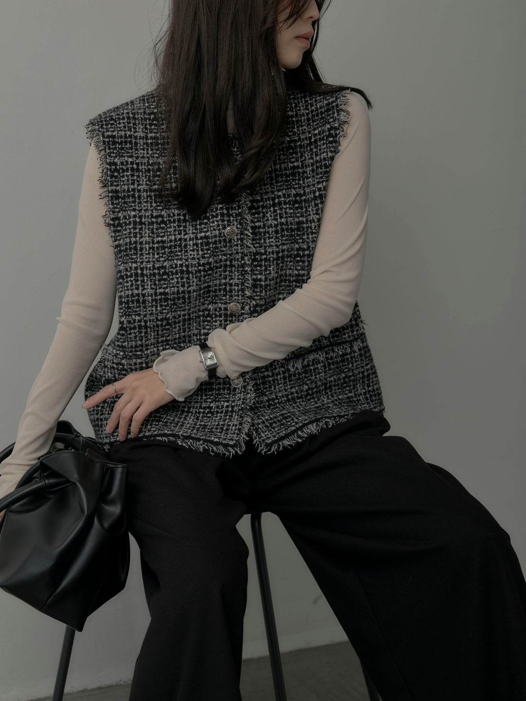 【SET】ツイードフリンジベスト+メロウフリルシアートップス+【ロープベルト付属】ウールタッチワイドパンツ(3set)