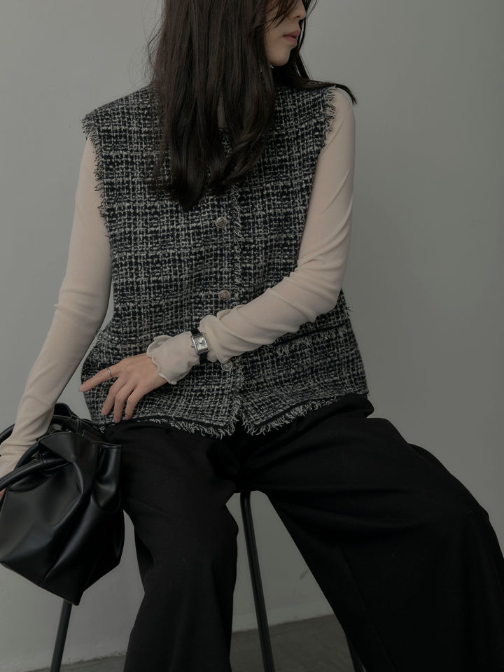 【SET】ツイードフリンジベスト+メロウフリルシアートップス+【ロープベルト付属】ウールタッチワイドパンツ(3set)