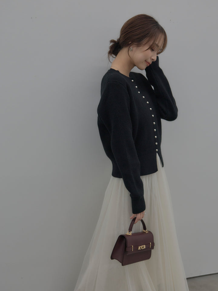 【SET】メタルボタンリブニットカーディガン+ボリュームチュールスカート(2set)
