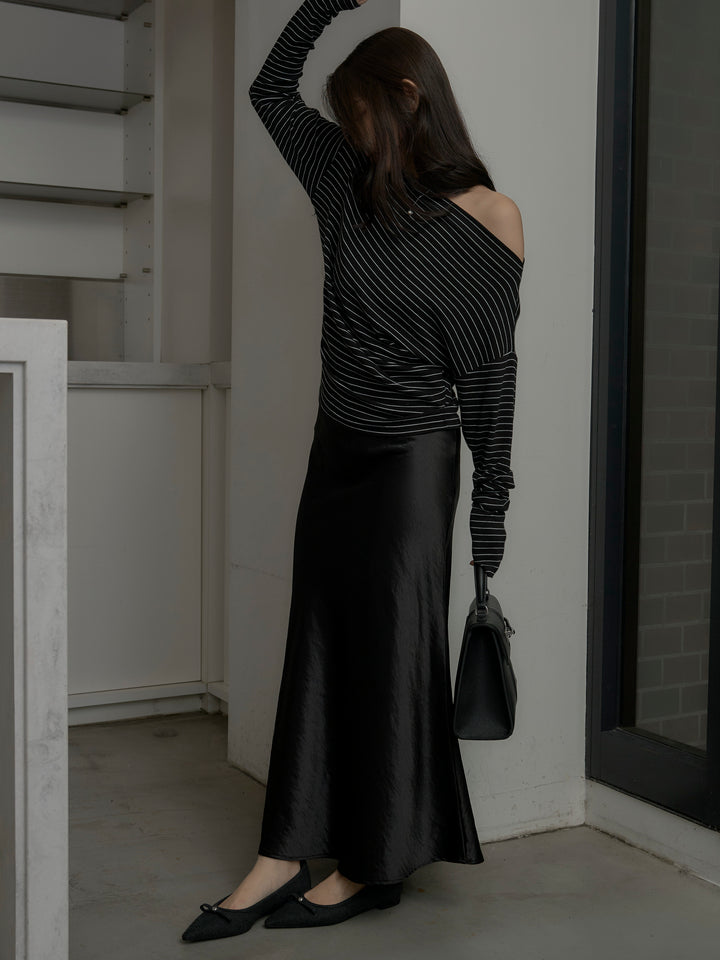 【SET】2wayショルダーボーダートップス+ナローAラインサテンスカート(2set)