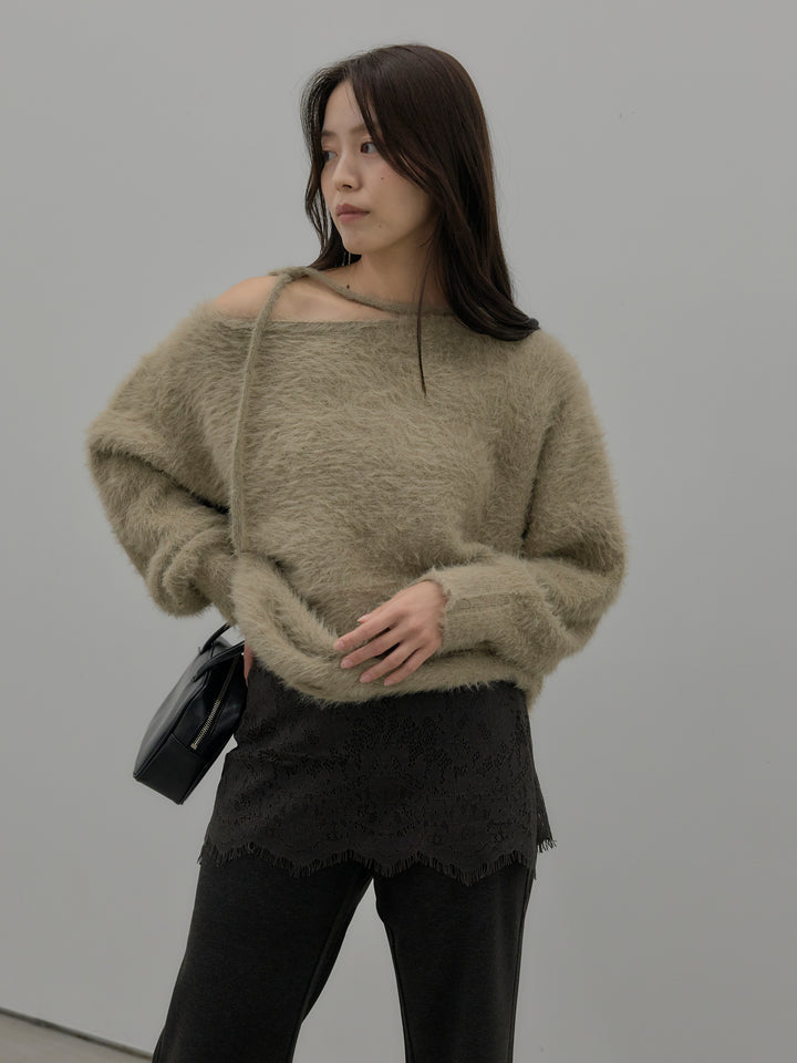 【SET】ネックリボンワンショルダーシャギーニット+レースレイヤードセミフレアパンツ(2set)