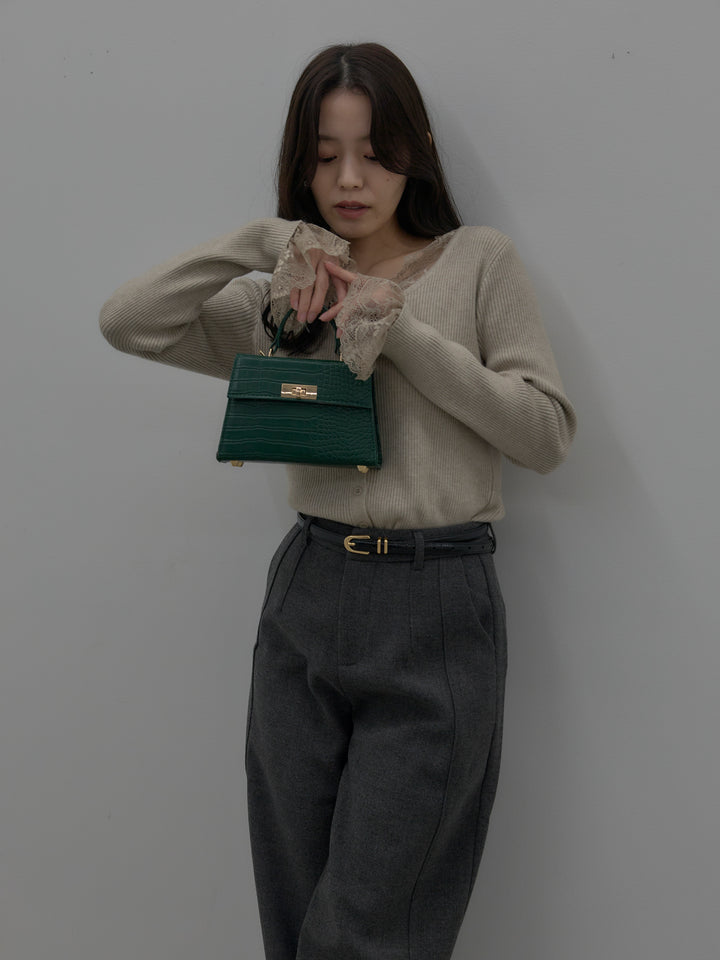 【SET】レースドッキングリブニットトップス+裏起毛デザインワイドパンツ(2set)