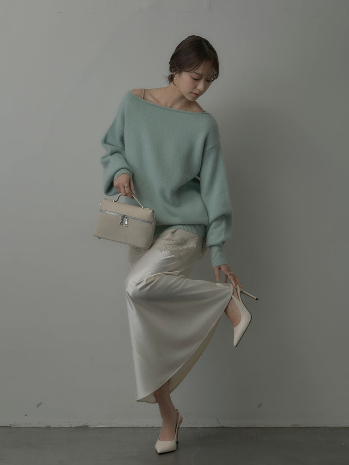 【SET】【premium touch】2wayショルダーニットプルオーバー+レースサテンキャミソール+ナローAラインサテンスカート(3set)