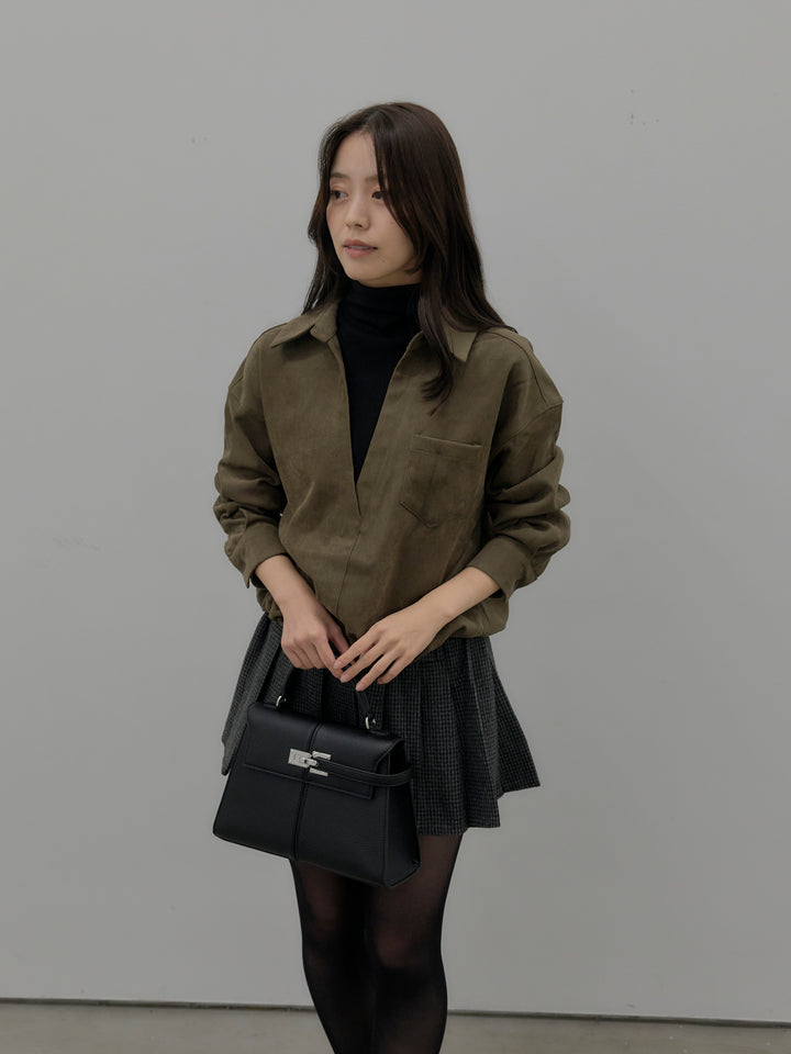 ドッキングデザイン裾ドロストスエードシャツ